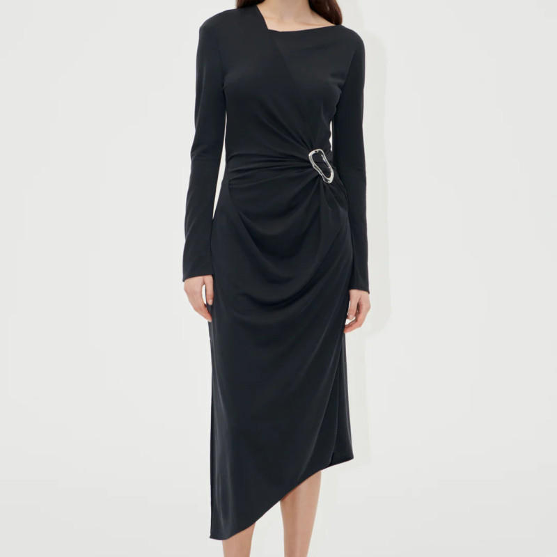 LONG SLEEVE MIDI DRESS IN JET BLACK