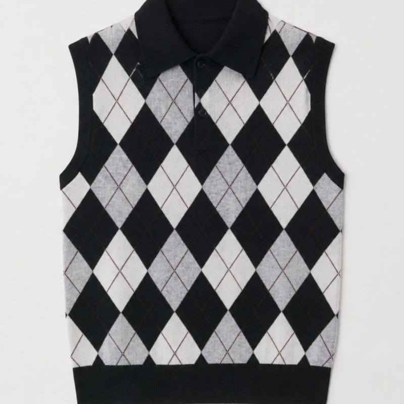 LISA YANG ANWEN ARGYLE VEST BLACK/CREAM/GREY