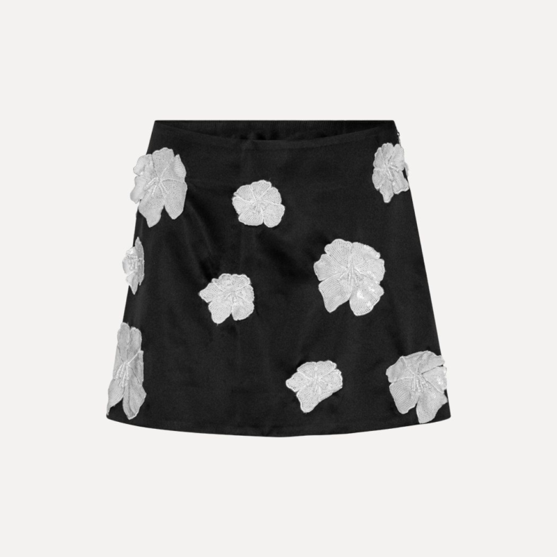 SATIN FLOWER MINI SKIRT IN BLACK
