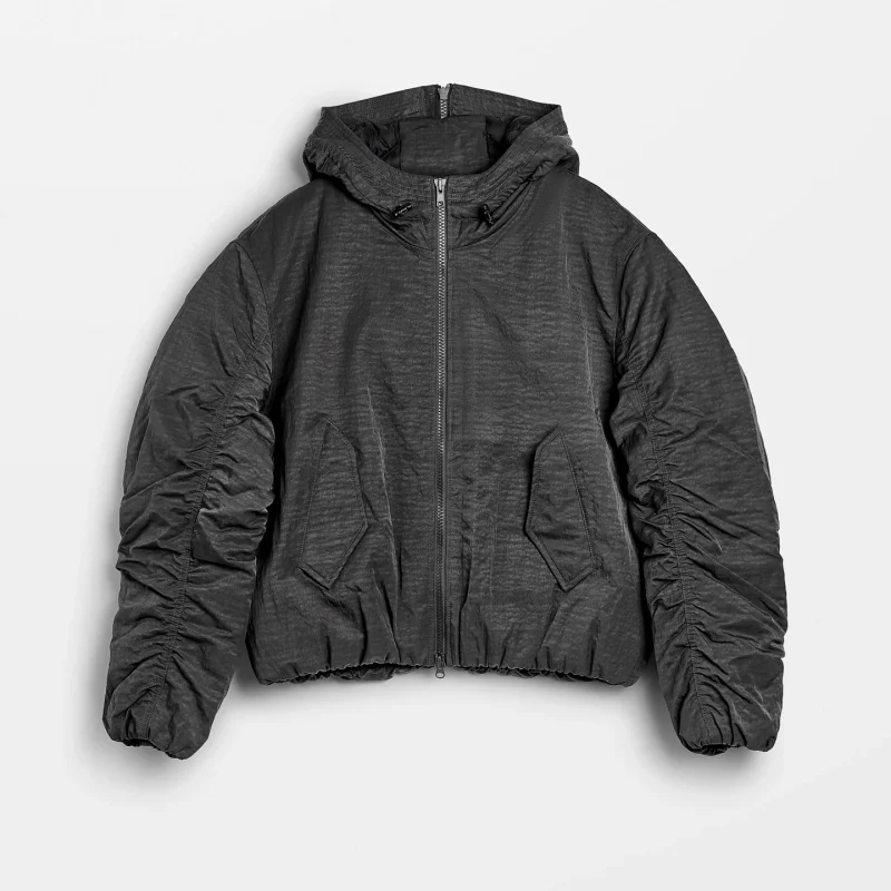 HOODED BOMBER JACKET IN DARK GREY VINTAGE NYLON