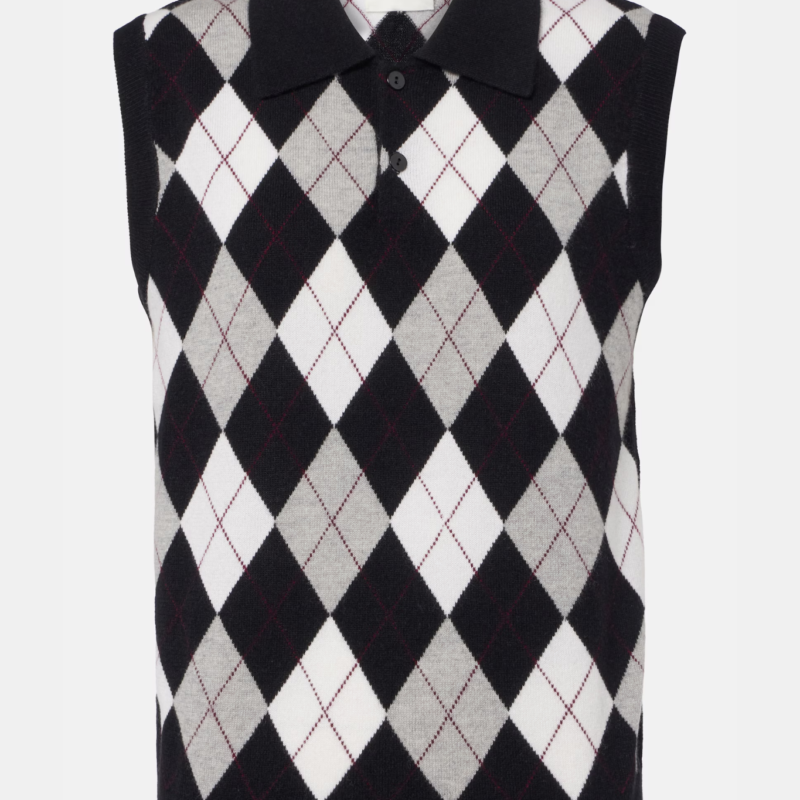 LISA YANG ANWEN ARGYLE VEST BLACK CREAM DOVE GREY DEEP PLUM ARGYLE